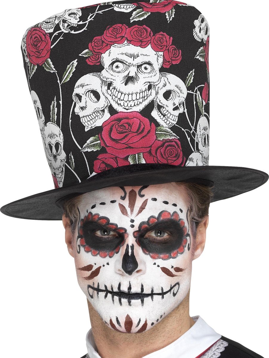 SMIFFYS - Dia de los Muertos schedel hoge hoed voor volwassenen - Hoeden > Hoge hoeden